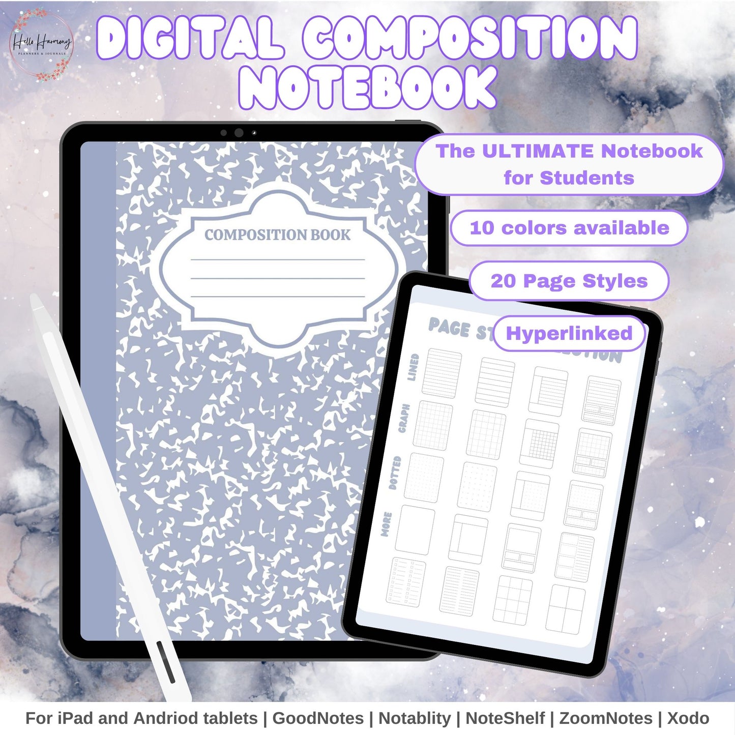 Digital Composition Notebook | 20 Different Page Styles | Vertical