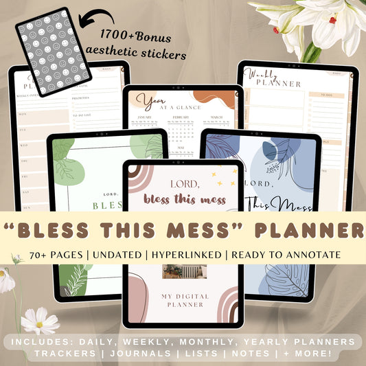 Bless this Mess Digital Planner for Self-Growth | Hyperlinked | 70+ Templates for Self-Improvement | Vertical