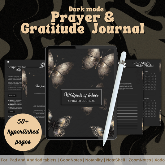 Dark-mode Faith Prayer Journal | 50+ Hyperlinked Pages | Digital Christian Planner | Vertical